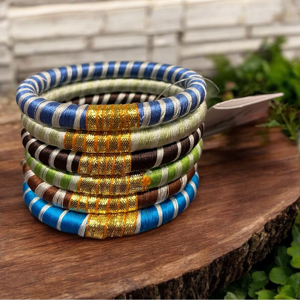Stacked Multicolor Striped Beaded Bracelets - Blue, Green, Brown & Gold - Picture 3 of 5